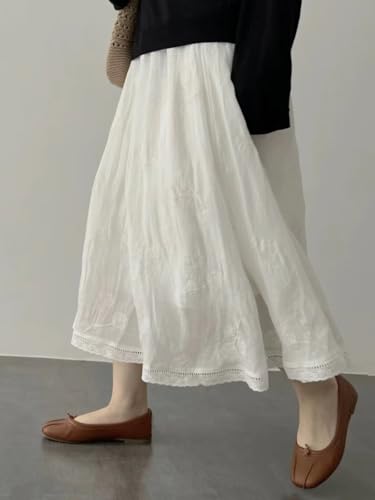 Nordic Minimalist White Embroidered Pure Cotton Skirt Commuter Casual Elegant Midi Skirt Women2