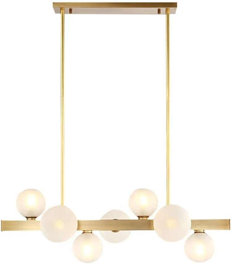Modern Linear Chaner with Frosted Glass Spheres, Contemporary Brass Kitchen Island Lighting, Mid-Century D Light Fixture for Dining Room, Living Room, Bedroom/7 Lights