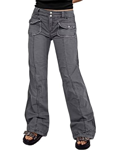 Flamingals Cargo Pants for Women Mid Rise Double Botton Y2K Casual Straight Leg Pants with Flap Pockets
