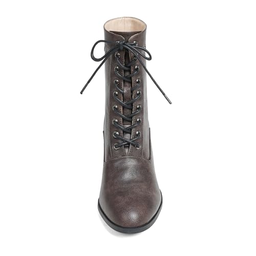 Image of Women's Victorian Ankle Boots - Mid Calf, Round Toe, Black Boots with Chunky Heel & Lace Up Detail
