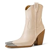 HoanTiai Engraved Metal Toe Western Boots for Woman Chunky Heel Cowgirl Booties Side Zip Ankle Western Boots, 8, Beige