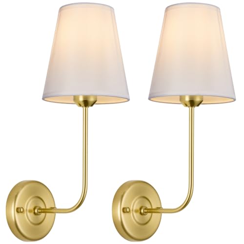Image of PASSICA Wall Sconces Set of 2, Electroplated Gold Wall Sconces with White Fabric Shade, Hardwired Curved Arm Wall Lighting Fixtures for Bedroom, Bathroom Vanity, Living Room, Hallway, Farmhouse Decor