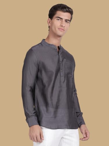 Image of KRYPTIC Men's Full Sleeve Regular Fit Short Kurta in Premium Pure Cotton with Patch Pocket and Mandarin Collar - Perfect Blend of Style and Comfort