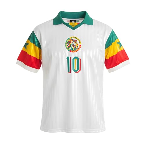 MAMUN Maillot de football rétro du Sénégal, Blanc avec des accents rouge-vert-jaune, M