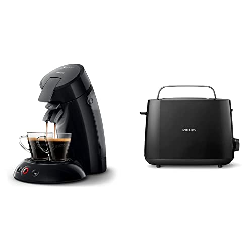Philips Domestic Appliances HD6553/67 Kaffeepadmaschine, Schwarz & Philips Toaster – 2 Toastschlitze, 8 Stufen, Brötchenau 