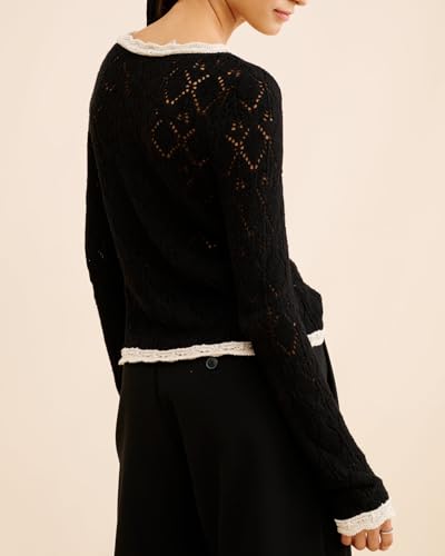 Women's Knit Crochet Sweater Cardigan Cropped Button Down Lace Hollow Out Lightweight Shrug Tops2