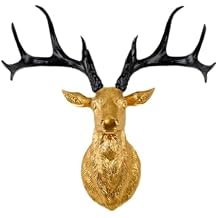 Resin Deer Head Sculpture Deer Head Wall Sculpture,Crafts Art Wall Mounted Elk Figurine for Sofa Background Home Bar Office, Gold Black Angle