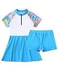 Runhomal Mädchen Kinder Mädchen Badeanzug Stehkragen Kurze Ärmel Reißverschluss Knielangen Schwimmen Kleid Shorts Set Blau 98-104