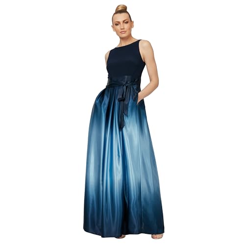 S.L. Fashions Women's Long Satin Mother of The Bride Dress with Pockets, Formal Party Gown, Navy/Wedgewood, 8