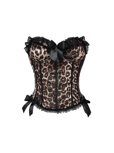 MakeMeChic Women's Leopard Print Corset Top Bow Lace Strapless Tube Crop Tops Y2K Bandeau Top