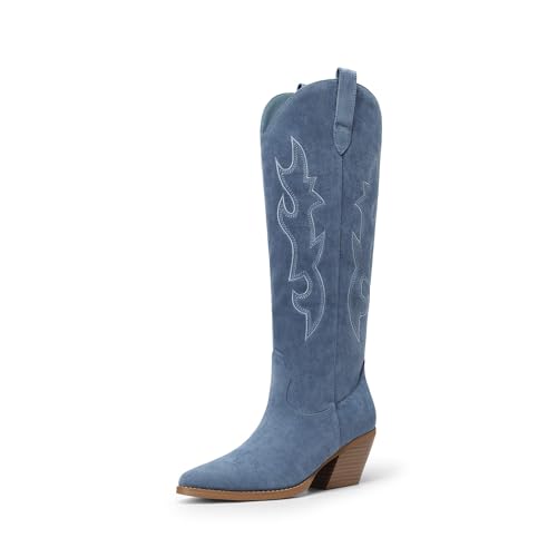 DREAM PAIRS Cowgirl Boots Women Knee High Cowboy Boots Pointed Toe Chunky Block Heel Suede Tall Western Boots with Embroidered 6 Blue