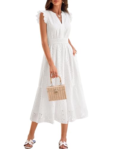 GRACE KARIN Womens Summer Boho Maxi Dress Casual 2026 Spring V Neck Eyelet Dresses Flowy Vacation Beach Sundress with Pockets White L