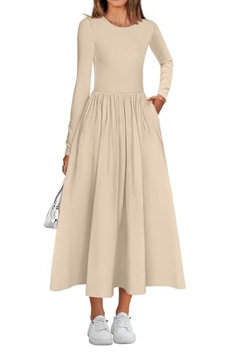 KIRUNDO Women Casual Long Sleeve Midi Dress 2025 Fall Wedding Guest Flowy Bohemian Modest Long Dresses with Pockets(Beige, XX-Large)