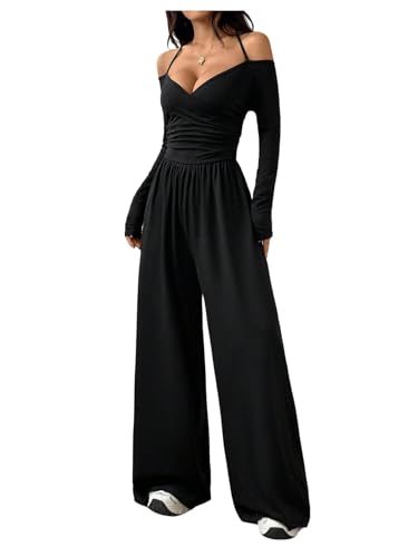 SOLY HUX Womens Long Sleeve Jumpsuit Wide Leg Halter Off The Shoulder Ruched Baggy Pants Romper Pure Black Large