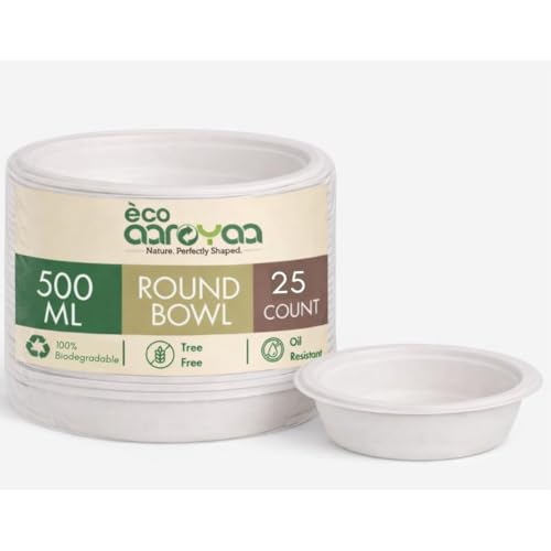 Image of Eco Aaroyaa Disposable Bagasse Bowls - 500 ML - Pack of 25 Biodegradable Disposable Bowls - Eco-Friendly Dip, Sauce, Chutney & Dessert Cups - Leak-Resistant Small Serving Bowl (Pack of 25)