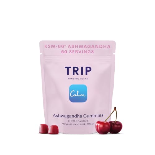 Trip Ashwagandha Gummies with Vitamin D12, B Vitamins, 3000mg Ashwagandha KSM 66 Per Serving, Vegan, Naturally Flavored On The Go Chewable Gummy, Juicy Cherry Flavor, 1 Bag, 60 Count