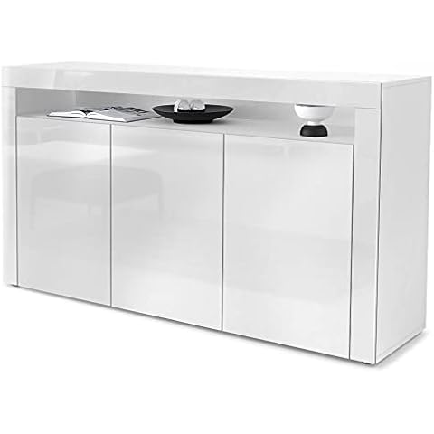 Vladon Sideboard Valencia, Kommode mit 3 Türen und 1 offenem Fach, Weiß matt/Weiß Hochglanz/Weiß Hochglanz Cover