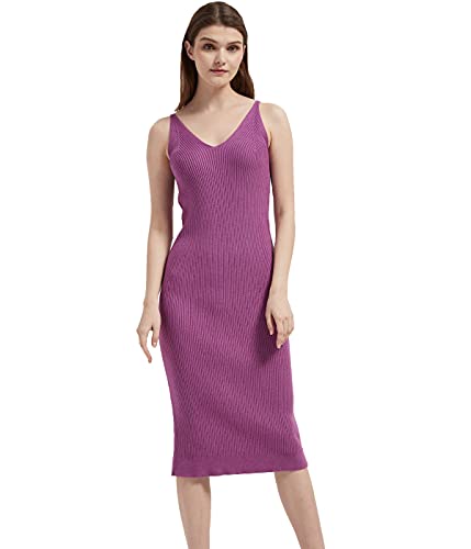 Image of Women's Sleeveless Sweater Dress Knit Slim V Neck Bodycon Midi Stretchable Elasticity Slim Fits