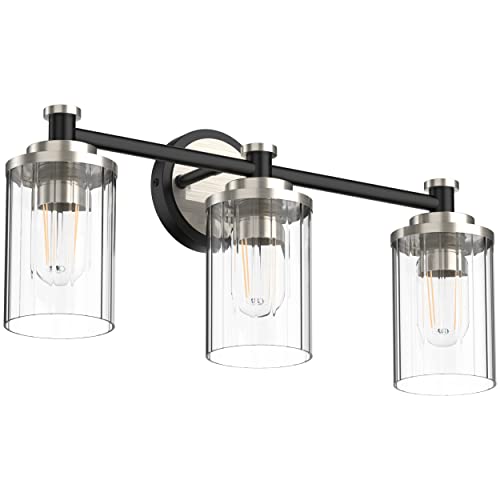 Image of Bathroom Lighting Fixtures Black and Brushed Nickel Bathroom Vanity Light with Cylindrical Clear Stripes Glass Lampshade E26 Socket Base Bathroom Lighting Fixtures Over Mirror (3 Lights)