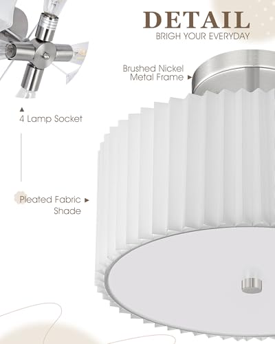Image of Semi Flush Mount Ceiling Lights, 4-Light 18 inch Ceiling Light Fixture with White Pleated Fabric Shade, Brushed Nickel Drum Lamp for Nursery Hallway Bedroom Kitchen, AD-25036-4SF-SN