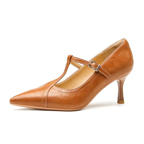 Women'S Leather T-Strap Sexy Pointed Stiletto Heel Pumps Fashion Adjustable Buckle Comfort Kitten Heel Mary Janes Party Wedding Evening Dress High Heel Shoes