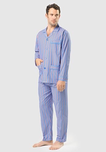El Búho Nocturno Mens Pajama Set Long Sleeve Cotton Woven Poplin Classic Striped Pajama Set for Men, 100% Cotton, Blue 1534, XL2