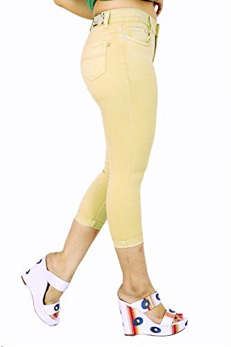 Image of FCK-3 Stretchable Denim Solid Mid Waist Knee Length Button Closure 5 Pocket Capree for Women