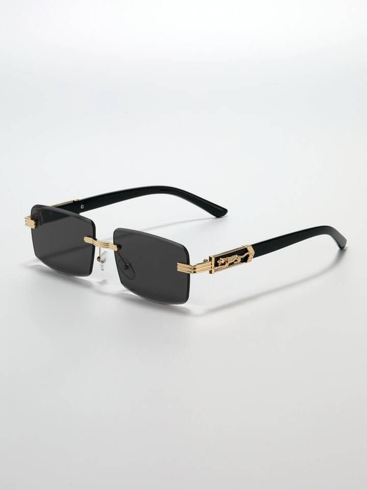 1pc Men's Rhinestone Cut Lens Cat-Shaped Metal Decoration Rimless Gold Striped Unique K-Gold Animal Decoration Fashionable Luxury Gold Frame Glasses-image-43