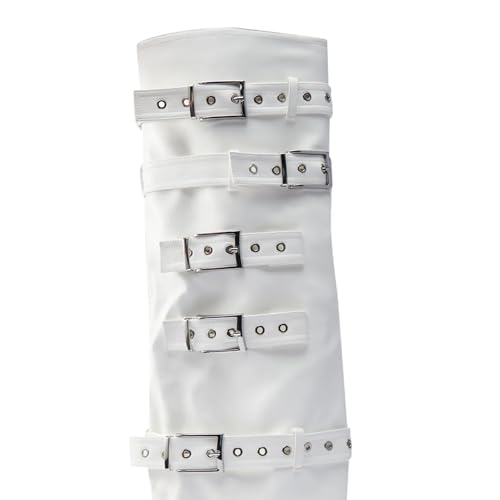 White Knee High Boots Fold Over Stiletto High Heel Pointed Toe Shark Boots with Buckle Pull On Dress Biker Boot2
