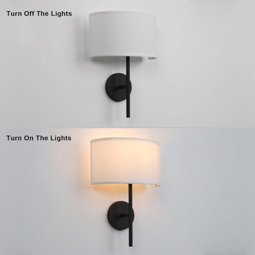Image of Yosoan Fabric Wall Sconce Brass Vintage Indoor Bedside Wall Lamp Fixture | Industrial Hardwired Boho Semi Circular with White Half Moon Shade for Reading Bedroom Living Room(Black)