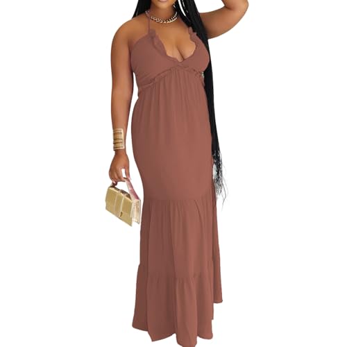 Image of TOPSRANI Womens Sleeveless Maxi Dress Halter Casual Backless Smocked Tiered Ruffle Flowy Sexy Slip Sling Strap Dresses