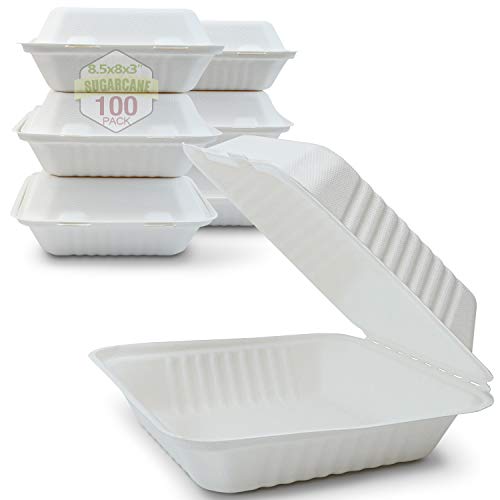 Green Earth 8-Inch, 200-Count, 3-Compartment, Compostable Clamshell, Natural Bagasse (Sugarcane Fiber), Take-Out/to-Go Food Boxes - Biodegradable Containers, Hinged Lid - Microwave-Safe - Gluten-Free