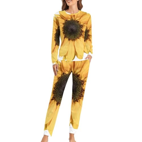 Pyjama femme ensemble sleepwear t-shirt manches longues pantalon tournesol jaune