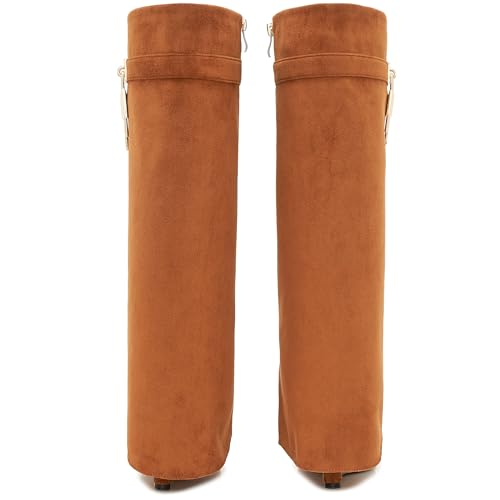 Image of Fold Over Boots for Women Pointy Pull-on Wedge Heel Knee Shark Boot With Side Zipper Padlock Design