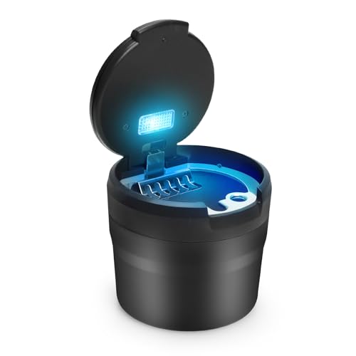 LYCXAMES Cendrier de voiture avec couvercle, lumière LED bleue, cendrier portable pour l'extérieur, la maison, le bureau, les voyages, la voiture, noir