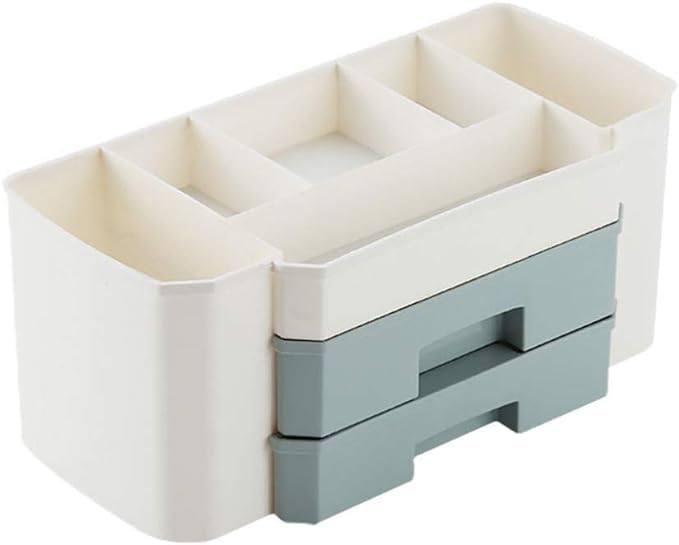Image of Dual Drawer Cosmetic Organizer Box Vanity Brush Holder for Lipstick & Skincare - Multi-Compartment Plastic Makeup Storage Box Desk Organizer for Office, home& Beauty Salon (GRAY)