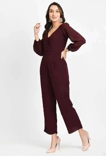 Image of V&M Women's Black V-Neck Jumpsuit | Full Sleeve Straight-Leg One-Piece with Side Pockets | Elegant Western for Office, Party & Evening Outfits