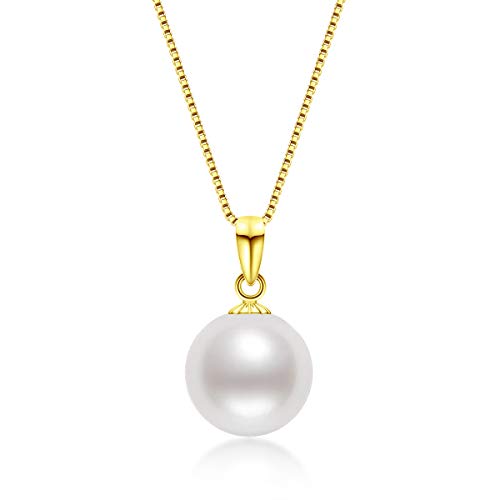 18K Gold Freshwater Cultured White Pearl Pendant Necklace 9-10mm Single Pearl Pendant with Sterling Silver Chain Jewelry Gifts for Women Girls Mom - Rose Gold