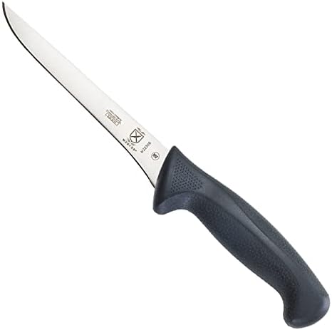 Narrow six-inch steel boning knife with a black textured plastic handle, shown on a white background