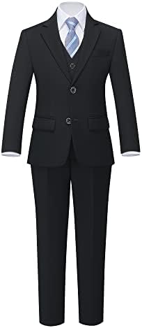 YND Boys 5 Piece Slim Fit Suit Set, Solid Formal Dresswear of Jacket Vest Pants Shirt and Tie Black