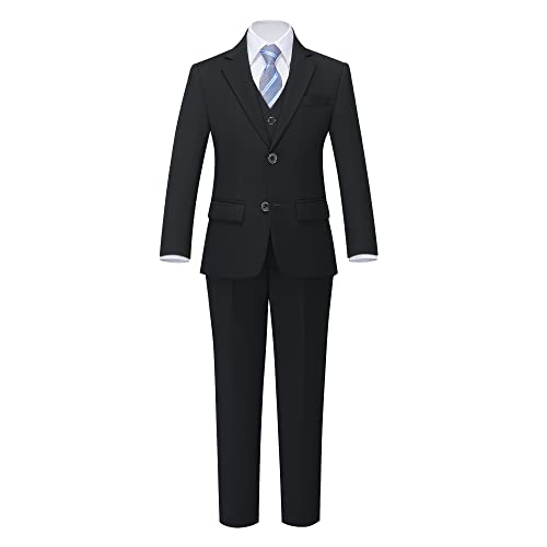 Ynd Boys 5 Piece Slim Fit Suit Set, Solid Formal Dresswear Of Jacket Vest Pants Shirt And Tie Black #TOP2