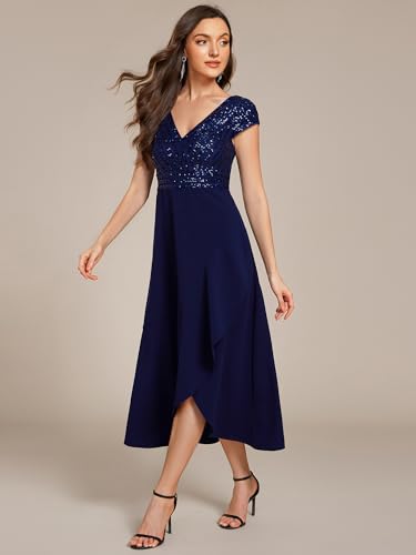 Image of Ever-Pretty Women's Elegant V Neck Sequin Short Sleeve Hi-Lo Tea Length Evening Gowns 02325