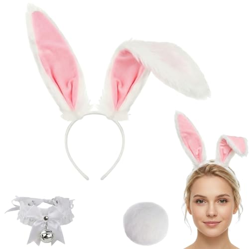 Cmfuegsk Bunny Ears Headband for Women White Rabbit Ears Costume Accessories Set with Lace Choker and Bunny Tail for Cosplay Dress Up Parties Festivals