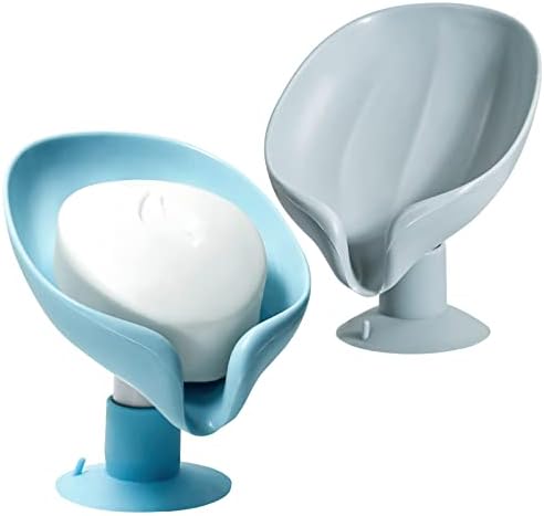 2 PCS Self Draining Soap Holder, Not Punched Easy Clean Soap Dish for Shower, Leaf Shape self draining soap Holder with Suction Cup Creative soap Box, for Bathroom, Kitchen Sink (Light Blue + Gray)