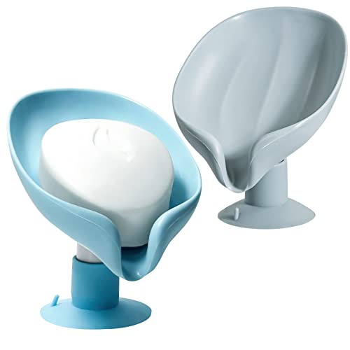 2 Pcs Self Draining Soap Holder, Not Punched Easy Clean Soap Dish For Shower, Leaf Shape Self Draining Soap Holder With Suction Cup Creative Soap Box, For Bathroom, Kitchen Sink (Light Blue + Gray) #TOP18