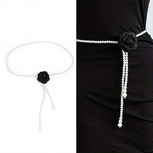 Flower Waist Chains Women Camellia Waist Belt For Dress Pearl Waist Chain Belt Belly Chain For Jeans Sash Belt, Approx.125cm/49.21in, Black2