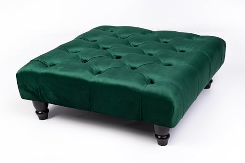 YORKSHIRE HOMEWARE Chesterfield Footstool Padded Seat High Density Sponge Storage Ottoman Cushioned Matching Buttons Upholstered Footstool With Wooden Legs (Green, 50cm (L) x 50cm (W) x 25cm (H))