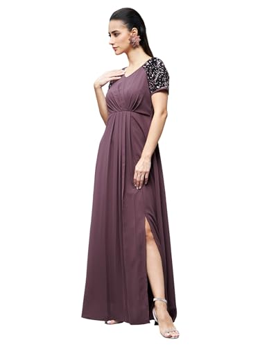 Image of Miss Chase Women's Round Neck Sleeve Embellished Fit Flare Maxi Dress