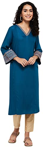 Image of Max Women Rayon Straight Fit Embroidered V-Neck Straight Kurta