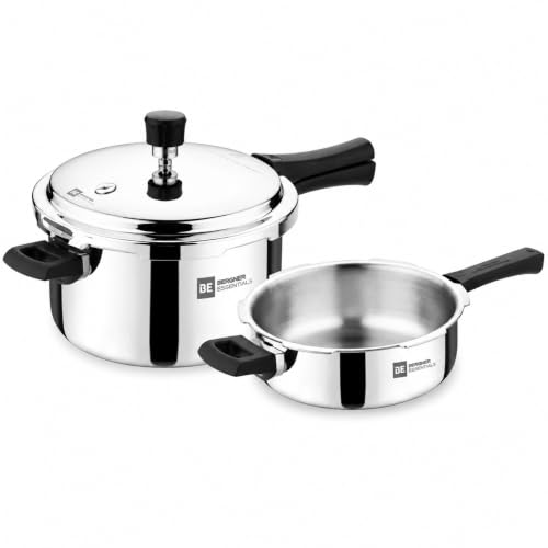 Image of Bergner BE Essentials Triply Pressure Cooker Large Combo - 5L Cooker and 3L Pressure Pan with a Common Lid, Even and Faster Heating, Healthy Cooking, Sturdy Handle - Induction and Gas Stove Ready